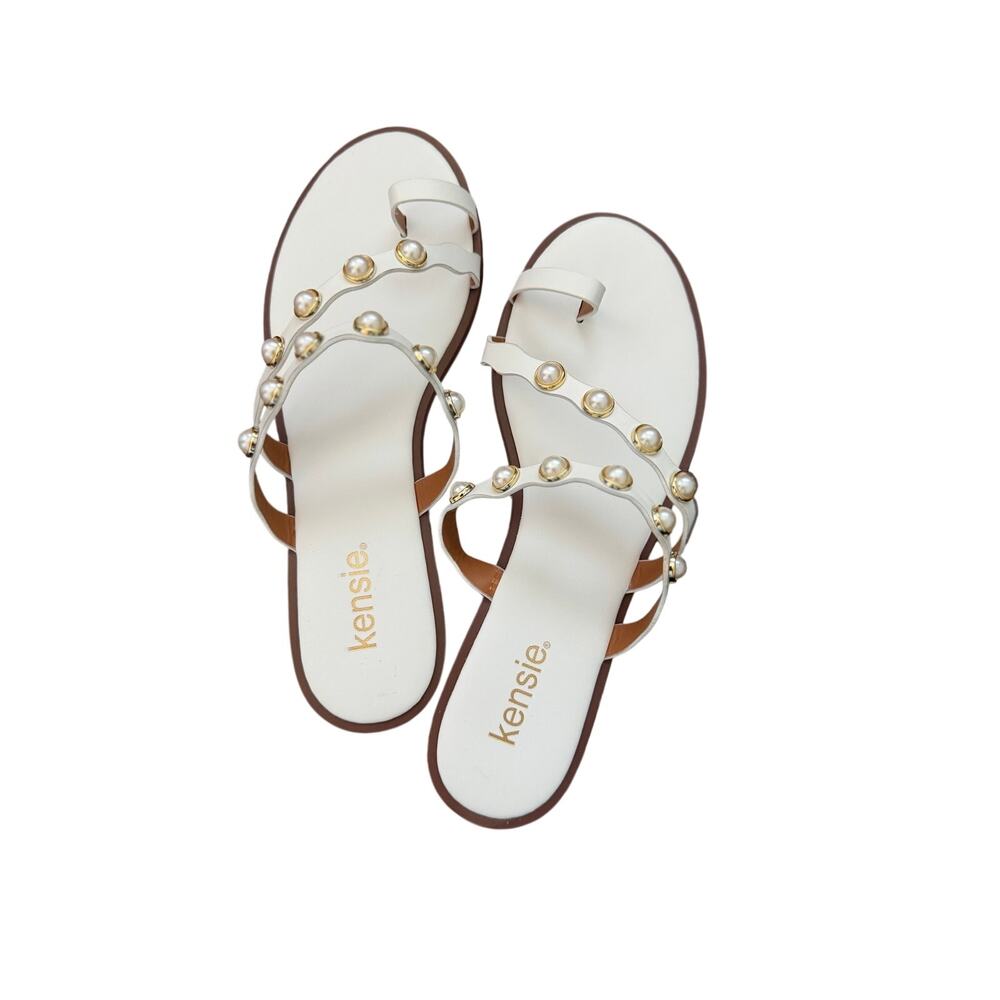 kensie Maltese Women’s 8.5 Off White Pearl Embellished Flat Sandals NIB